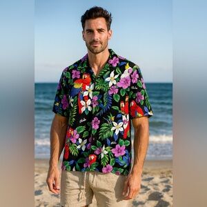 Hana fashion Men's Tropical Floral Shirt parrot 2XL